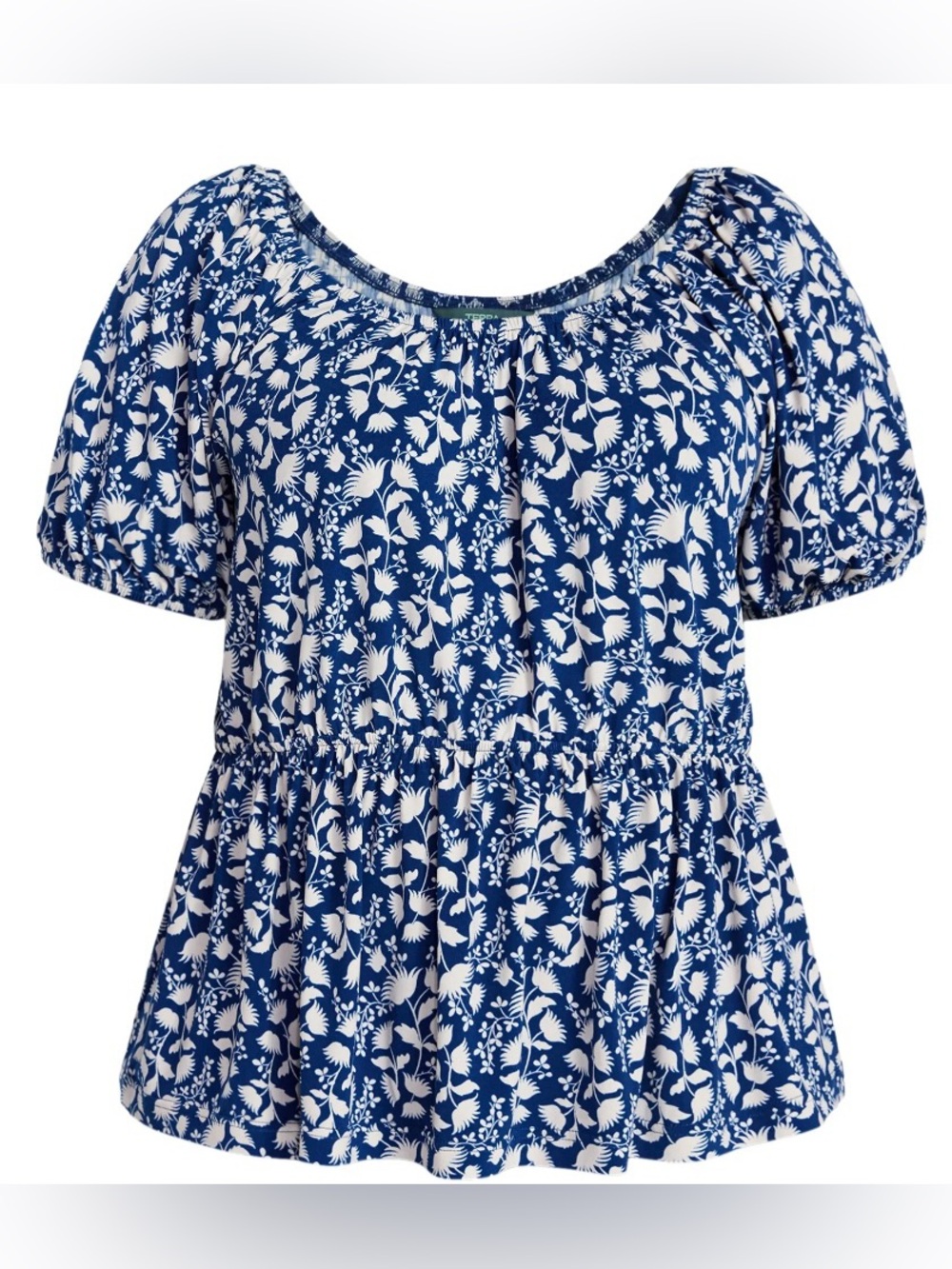 NWT Terra & Sky 1X Blue White Floral Peplum Puff Sleeve Scoop Neck Blouse